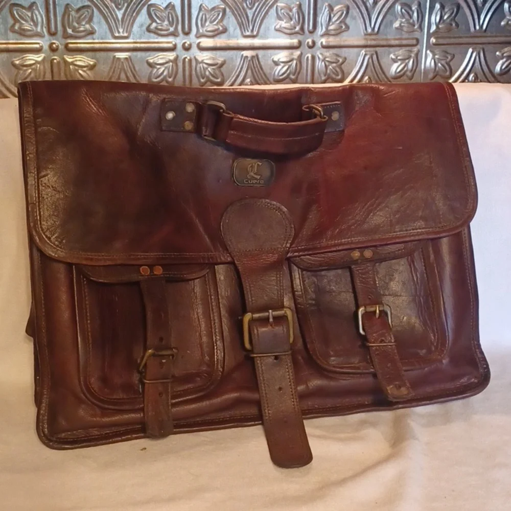 Vintage Brown Leather Messenger Bag Brief Case CUERO